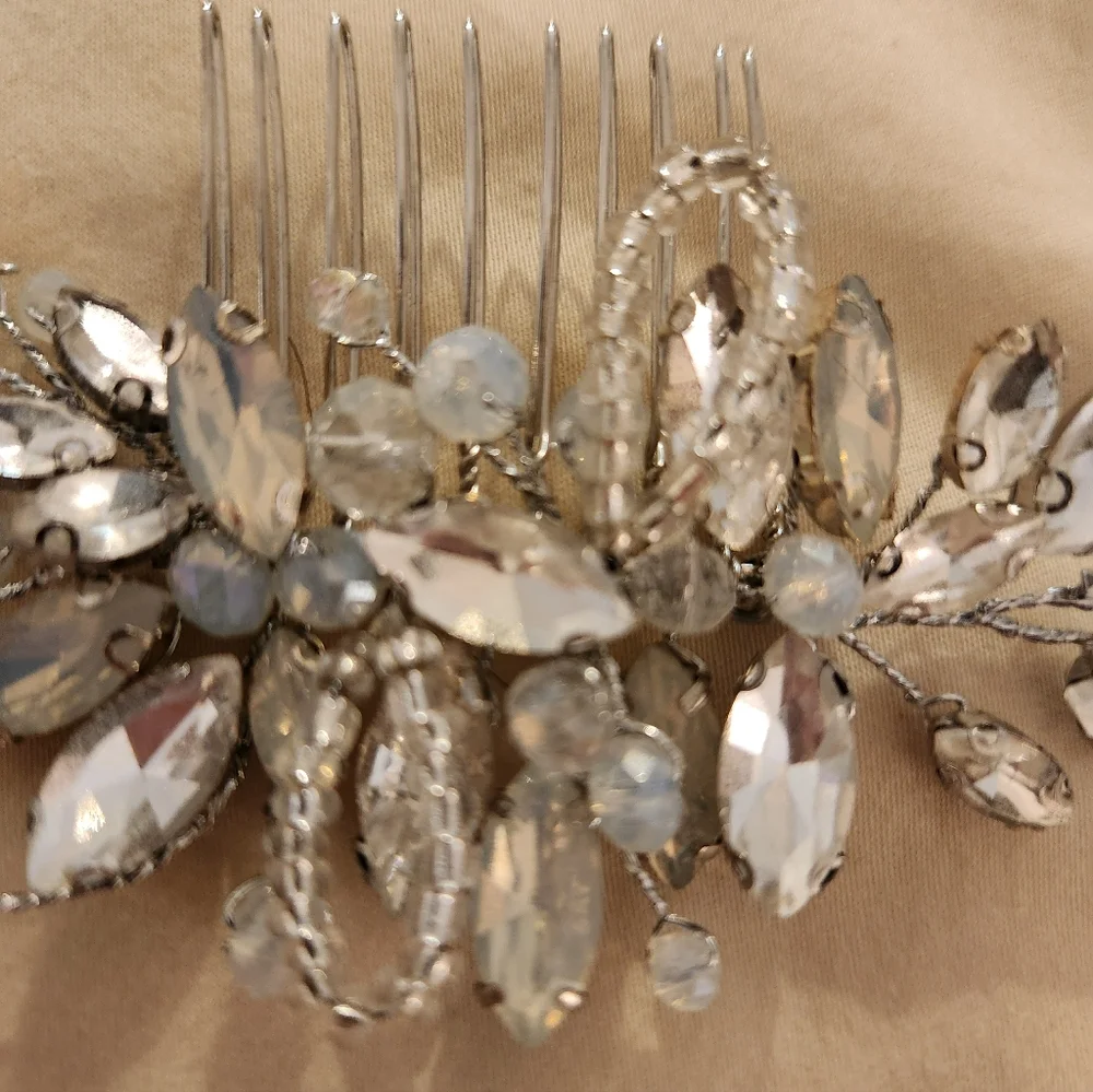 Hair Comb, Rhinestone Opaline Crystal, Beaded, Bridal, Wedding, Bendable